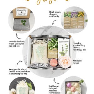 May include: A gift set containing a natural fiber handstamped bag, a packet of garlic chive seeds, a eucalyptus and peppermint hanging scented bag, a round bath bomb, and an artificial peach-colored flower, all packaged in a striped box.