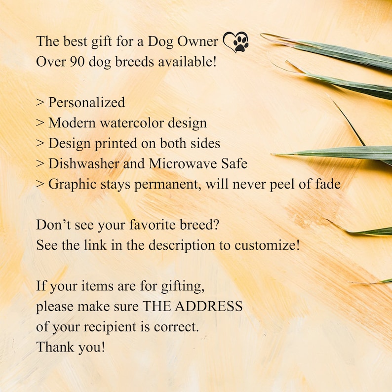 May include: Text on a yellow background reads "The best gift for a Dog Owner" and "Over 90 dog breeds available!" Additional text includes "Personalized", "Modern watercolour design", and "Dishwasher and Microwave Safe". A paw print graphic is also present.