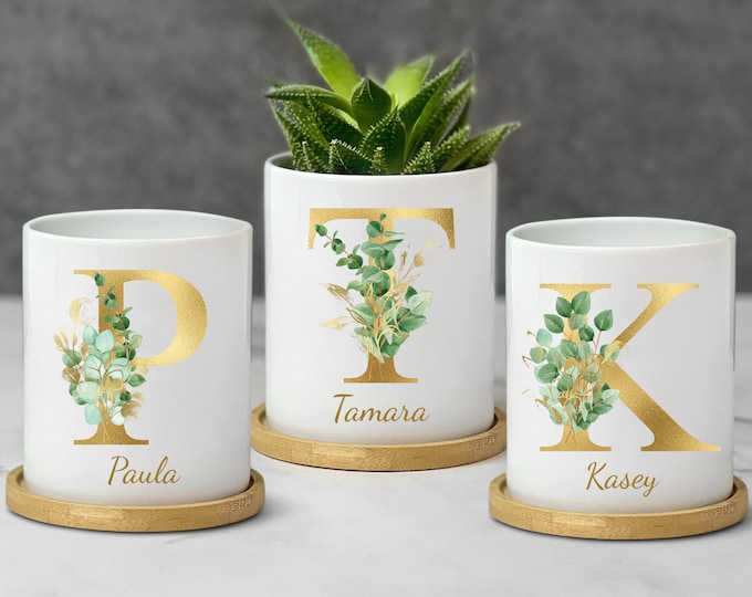 Personalized Planter Bridesmaids Gift Wedding Day, Bridesmaid Proposal Custom Name, Bridesmaid Gifts Ideas, Maid of Honor, Gold and Greenery