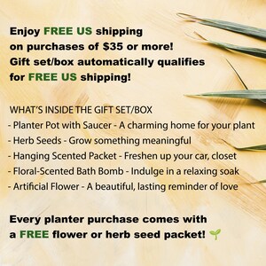 The image is a promotional advertisement for a gift set that includes a planter pot with a saucer, herb seeds, a hanging scented packet, a floral-scented bath bomb, and an artificial flower. The ad encourages customers to enjoy free shipping on purchases of $35 or more, and mentions that every planter purchase comes with a free flower or herb seed packet.