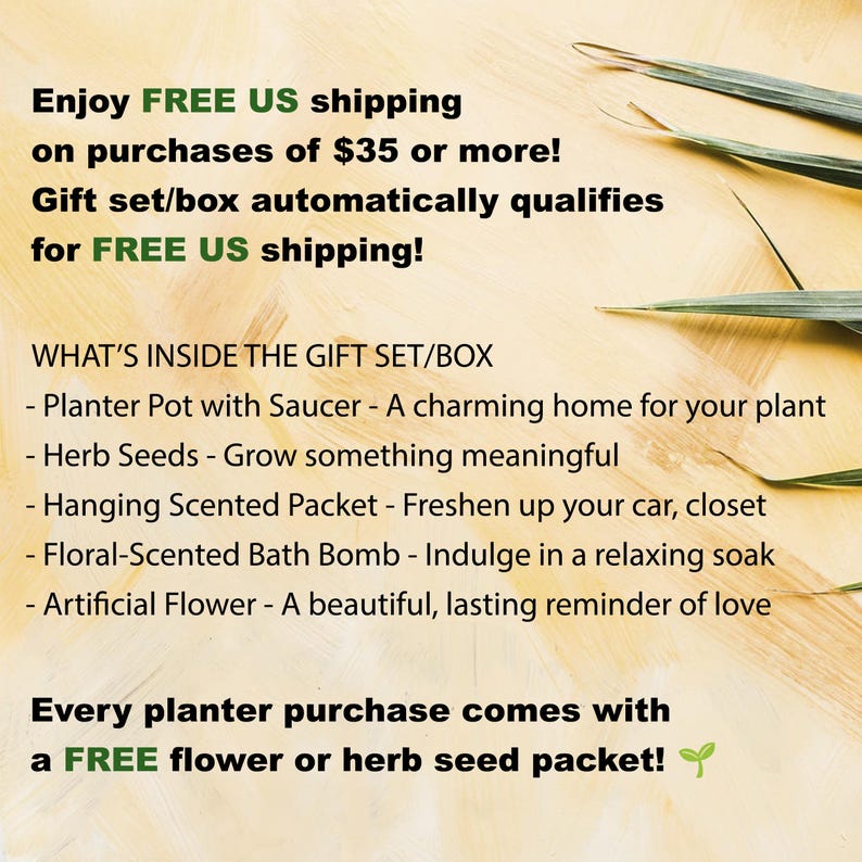 The image is a promotional advertisement for a gift set that includes a planter pot with a saucer, herb seeds, a hanging scented packet, a floral-scented bath bomb, and an artificial flower. The ad encourages customers to enjoy free shipping on purchases of $35 or more, and mentions that every planter purchase comes with a free flower or herb seed packet.