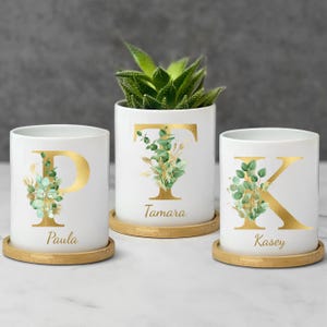 Personalized Bridesmaid Planter, Maid of Honor Gift, Gold Initial, Greenery