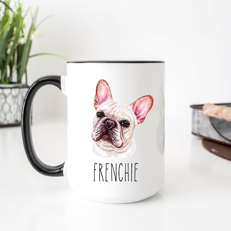 Personalized dog mug with custom name, gift for dog lover, white ceramic coffee cup, two sizes and handle choices
