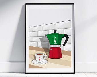Italian Moka Pot Print | Bialetti | Espresso Maker | Italian Poster | Kitchen Wall Art | Italian Kitchen Print | Coffee Gift | Italy Print