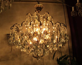 Antique French Crystal Chandelier, Vintage Brass Pendant Light, Elegant Home Decor