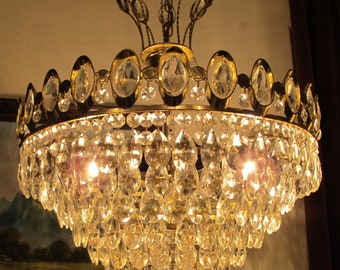 Antique crystal chandelier, vintage French Crystal light,Lamp,Solid brass Lighting,French Basket chandelier,Celling lamp 1960's