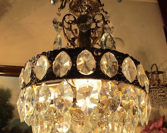 Antique Vintage chandelier,French Brass & Crystal Light, Solid Brass chandelier,Crystal Empire Lighting, Vintage French Chandelier 1940's