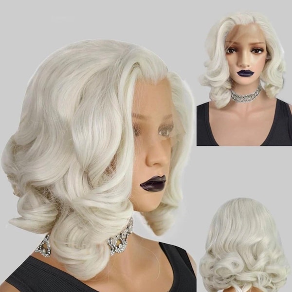 Short wavy Marilyn Monroe costume curly lace front synthetic wig white proper 13*4 lace front cosplay look with lace front