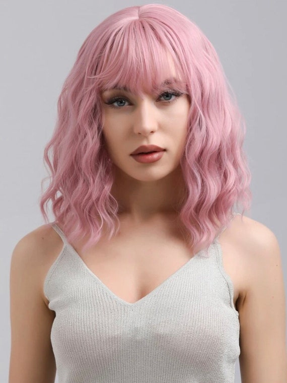 Natural Curly Wavy Pink Wig With Bangs Synthetic Beautiful