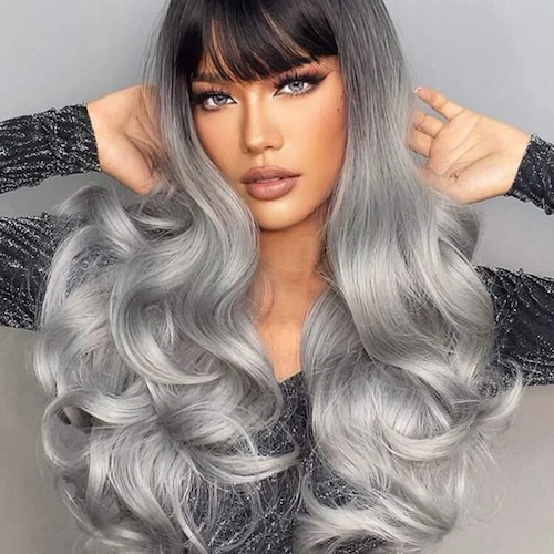 Natural Gray Black Silver Ombre Long Curly Synthetic Wig With - Etsy