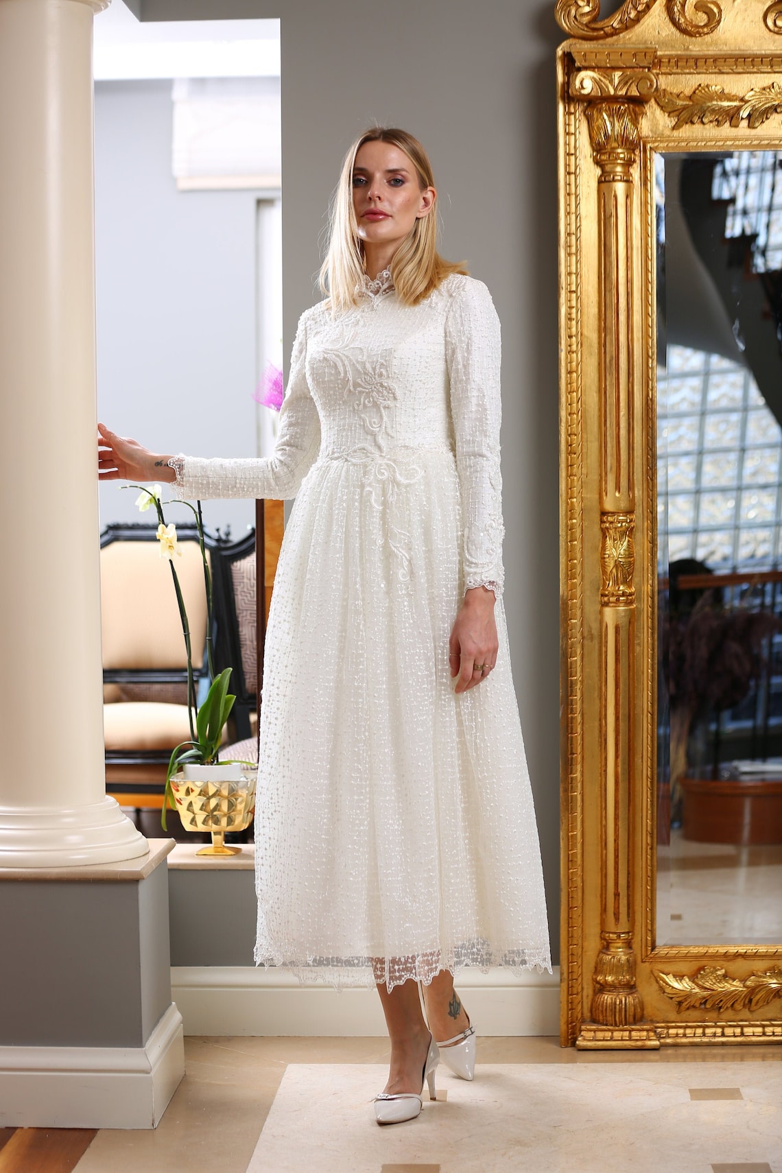 1940s Style Wedding Dresses | Classic Wedding Dresses Muslim Long Sleeves Wedding Dresses Evening Gown Nikah Hijab Bridesmaid Engagement Henna High Neck Lace Bridal Gowns $539.92 AT vintagedancer.com