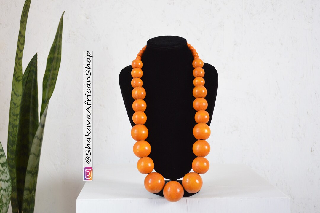 African Inspired Wooden Necklace Orange Color Necklace African Jewelry
