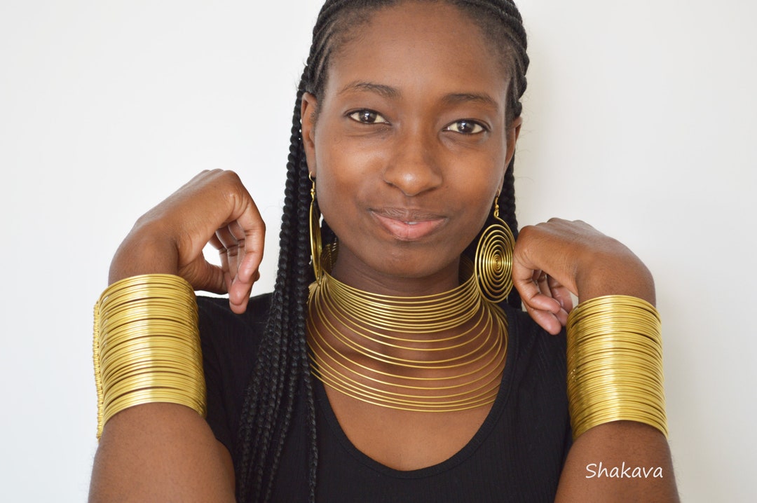 African Brass Wire Choker Necklace Handmade Necklace Matching Set