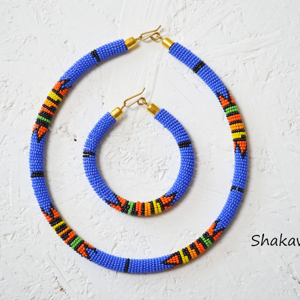 African Zulu beaded necklace and bracelet set African handmade jewelry royal blue tribal accessories