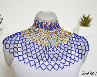 African beaded necklace African jewelry collar necklace handmade jewelry mesh necklace cape necklace multicolor African accessories