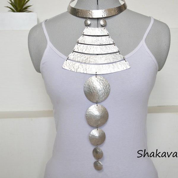 African long aluminum silver necklace handmade metal jewelry designer necklace African gift idea