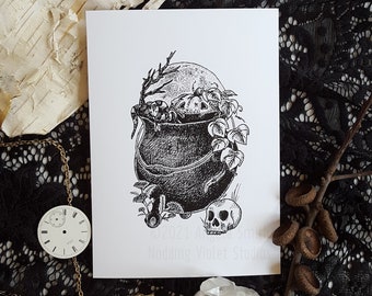 Halloween Cauldron: 5x7 Art Print || Witchy Art Print, Halloween Decor, Spooky Print, Jack O Lantern
