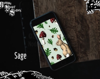 Oak Grove (Sage) : Phone Wallpaper || Cottagecore Background, Woodland Phone Wallpaper, Mushroom Background, Bunny Phone Wallpaper