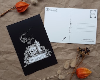 Grimoire: Black & White 4x6 Postcard || Witchy Stationery, Spooky Card, Halloween, Skulls