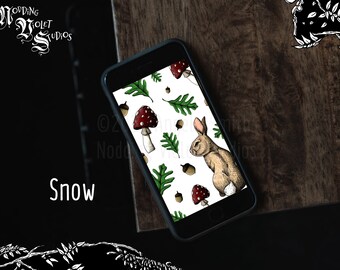 Oak Grove (Snow) : Phone Wallpaper || Cottagecore Phone Wallpaper, Woodland Phone Wallpaper, Mushroom Background Bunny Phone Wallpaper