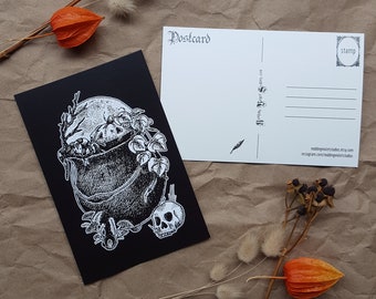 Halloween Cauldron: Black & White 4x6 Postcard || Witchy Stationery, Spooky Card, Halloween, Full Moon, Jack-O-Lantern