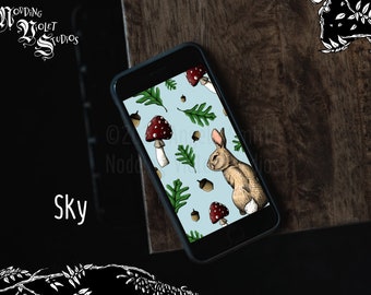 Oak Grove (Sky) : Phone Wallpaper || Cottagecore Phone Wallpaper, Woodland Phone Wallpaper, Mushroom Background Bunny Phone Wallpaper