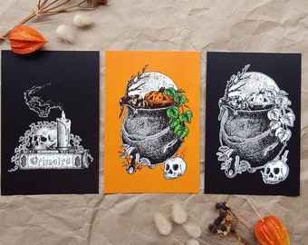 Spooky Trio: 4x6 Postcard 6-pack set || Witchy Stationery, Spooky Card, Halloween, Full Moon, Jack-O-Lantern