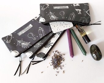 Wide Cotton Zipper Pouch/Tarot Bag/Spell Pouch/Coin Purse/Cosmetic Bag/Pencil Case - Witch Design