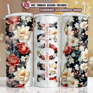 May include: Three stainless steel tumblers with a floral design. The tumblers are white with a gold glitter accent. The middle tumbler has the word "LOVE" in pink with the names "Sophia, Emma, Jacob, Noah" written in a heart shape.