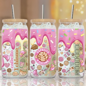 Cafecito y Chisme ⟡ 16 oz Libbey Glass Can Tumbler ⟡ Mexico Pan Dulce, Spooky Conchas ⟡ Coffee can glass png ⟡ beer can glass png