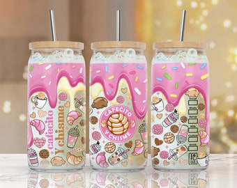 Cafecito y Chisme ⟡ 16 oz Libbey Glass Can Tumbler ⟡ Mexico Pan Dulce, Spooky Conchas ⟡ Coffee can glass png ⟡ beer can glass png