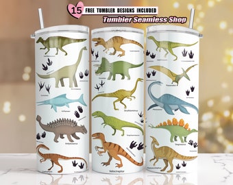 Dinosaur Tumbler, 20 oz Skinny Tumbler Sublimation Design, Funny Tumbler Design Straight&Tapered PNG Tumbler Design - SEAMLESS Dinosaur PNG