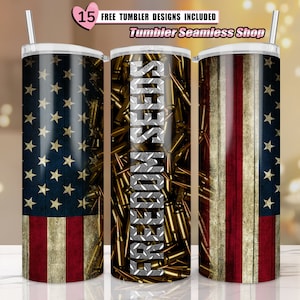 May include: Three stainless steel tumblers with different designs. The first tumbler features a distressed American flag design. The second tumbler features a design of gold bullets with the text "FREEDOM SEEDS". The third tumbler features a distressed American flag design with a red stripe down the center.