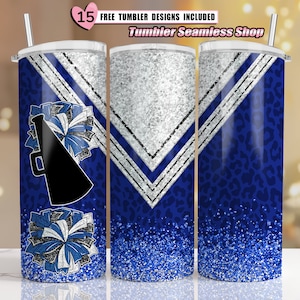 Blue White Cheer tumbler wrap, Cheerleader Leopard, 20oz skinny tumbler wrap designs Template, Cheer sublimation PNG Instant Download