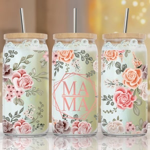 Mama Flower, 16 oz Libbey Glass Can Tumbler Seamless - Mum life floral Sublimation Design Love Mom Tumbler Wrap, Waterslide glass can 16 oz