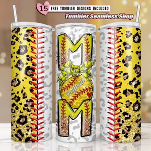 Softball Mom Glitter Leopard 20oz Skinny Tumbler Sublimation Designs for Tapered | Straight tumbler sublimation - PNG Digital Download | H1