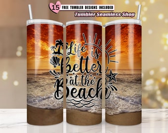 Beach Tumbler Sublimation Design, 20 oz Skinny Tumbler Wrap Sunset, summer sublimation tumbler designs, SEAMLESS - PNG Instant Download, S02