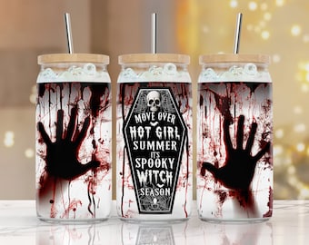 May include: Three stainless steel tumblers with lids and straws. The tumblers have a white background with red blood splatter and a black handprint. The middle tumbler has a black and white graphic with the text "Move Over Hot Girl Summer It's Spooky Witch Season".