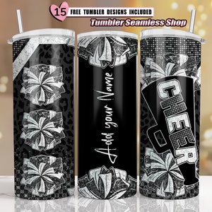 Cheer tumbler wrap, Cheerleader Leopard, add your own text tumbler wrap, 20oz skinny tumbler wrap designs Template, sublimation PNG - black