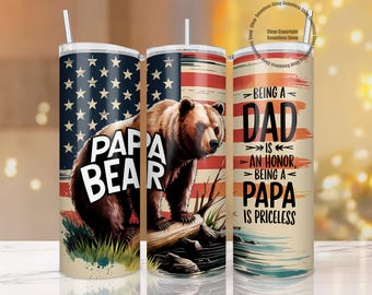 Papa Bär PNG, Papa Sublimationsdesign, 20 Unzen Tumbler Wrap, digitaler Download, Bär mit Flaggendesign, Vatertagsgeschenk, Tumbler Sublimation