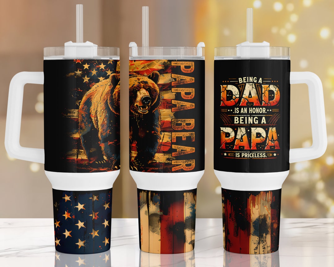 Papa Bear Tumbler, Best Dad Ever Png, American Flag Dad, 40oz
