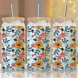 16 oz Libbey Glass Can Tumbler Sublimation Design, Watercolor flower Tumbler, Design Digital Download PNG - Commercial Use 2023 - Floral 003
