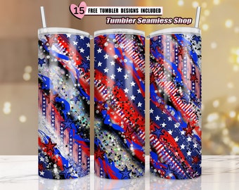 Fourth Of July Tumbler, 20 oz Skinny, Stars Sublimation Design, Red, White, Blue, Glitter, America, USA, Flag, american flag tumbler wrap
