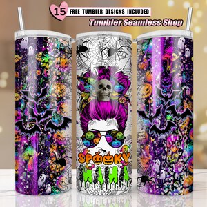 May include: Three different designs for a 20 oz. stainless steel tumbler featuring a spooky Halloween theme. The designs include bats, pumpkins, ghosts, spiders, and the text "Spooky Mania".