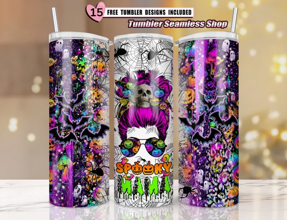 Spooky Mama PNG, Pumpkin Ghost Print Wrap, Spider Web Tumbler, Halloween Mom Png, 20oz Skinny Tumbler Sublimation, Purple Pink PNG - S01