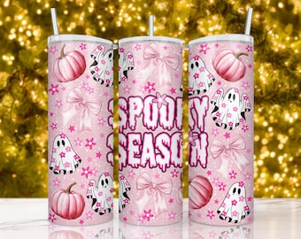 Spooky Season Pink Ghosts, Halloween Tumbler Wrap, 20 oz Sublimation, Floral Ghosts, Pink Pumpkins and Bows, Digital Download