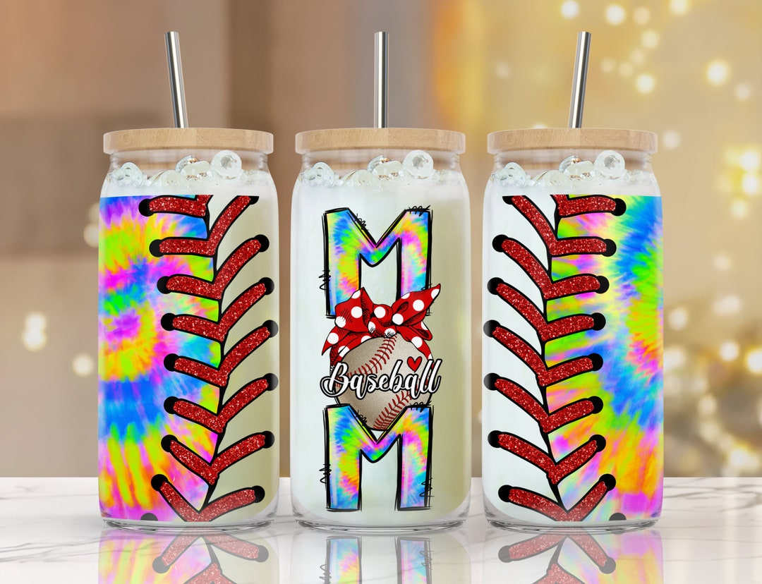16 Oz Libbey Glass Can Tumbler, Baseball Mom Design, Tye Dye, Glitter ...