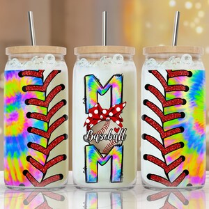 16 oz Libbey Glass Can Tumbler, baseball mom design, Tye Dye, Glitter, stitches, sublimation digital downloads, glass can 16 oz wrap, PNG