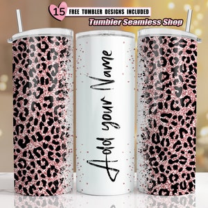 Pink Glitter, Leopard Print, Add Your Own Text Name, Sublimation Tumbler Designs, Cheetah Print - 20oz Skinny Tumbler Wraps Templates - PNG