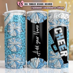 Cheer tumbler wrap, blue, Cheerleader Leopard, add your own text tumbler wrap, 20oz skinny tumbler wrap designs Template, sublimation PNG